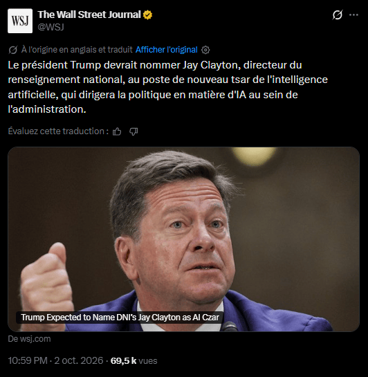 Donald Trump announced on Sunday, October 4, the creation of the "Super Intelligence Force", a group tasked with coordinating federal action on artificial intelligence. Jay Clayton, now the Director of National Intelligence, will lead it.
The former SEC chairman remains associated with the early major U.S. lawsuits against the crypto sector, notably the one initiated against Ripple in December 2020.
